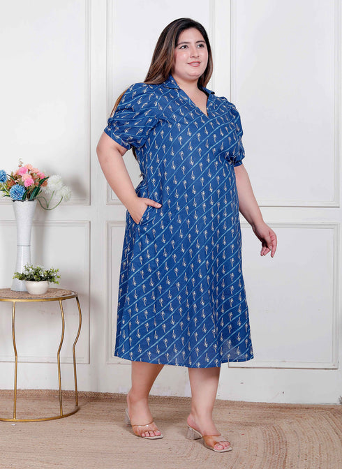 Miravan Plus Size Womens Floral Print Collar Neck Puff Sleeves A Line Maxi Dress