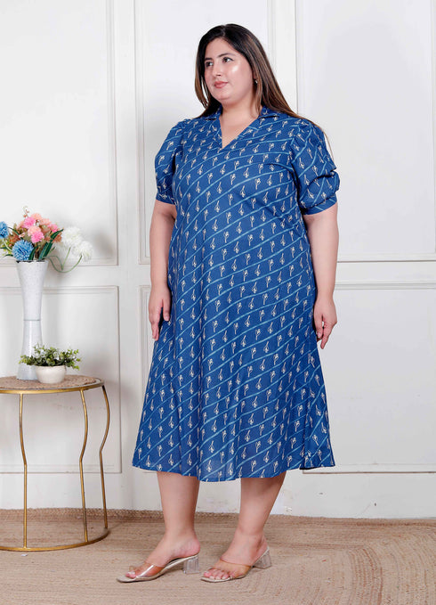 Miravan Plus Size Womens Floral Print Collar Neck Puff Sleeves A Line Maxi Dress