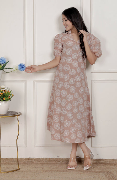 Miravan Womens Puff Sleeve Pure Cotton Printed Maxi Dress
