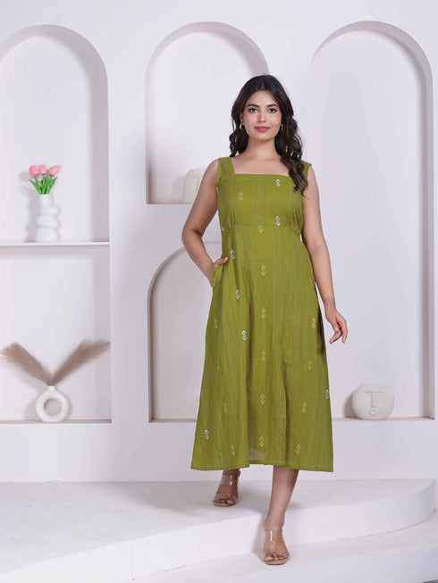 Miravan Womens Abstract Printed Green A line Maxi Dress