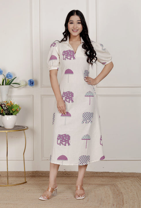 Miravan Womens Flex cotton Short sleeve Off White Animal print A Line Maxi dress