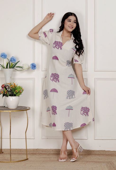 Miravan Womens Flex cotton Short sleeve Off White Animal print A Line Maxi dress