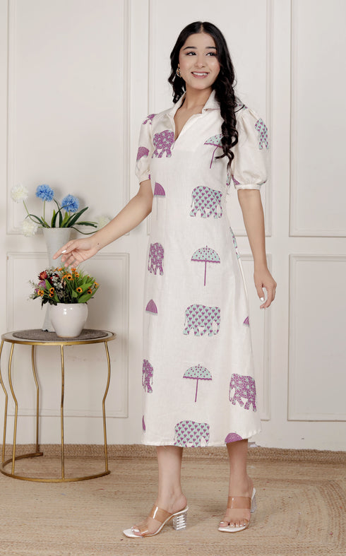 Miravan Womens Flex cotton Short sleeve Off White Animal print A Line Maxi dress