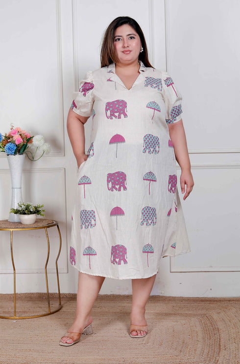 Miravan Plus Size Womens Flex cotton Short sleeve Off White Animal print A Line Maxi dress