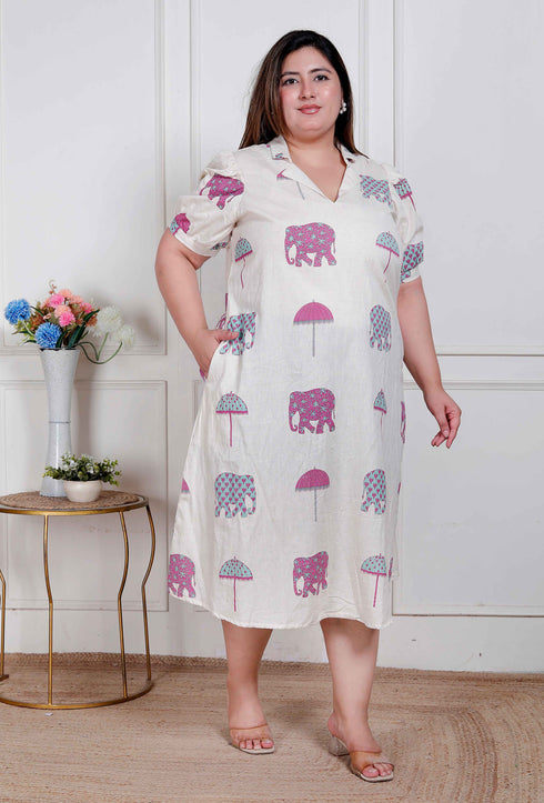 Miravan Plus Size Womens Flex cotton Short sleeve Off White Animal print A Line Maxi dress