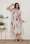 Miravan Womens Off White Flower Printed Cotton Flex Maxi Dress