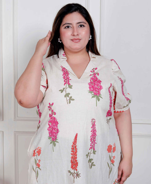 Miravan Plus Size Womens Off White Flower Printed Cotton Flex Maxi Dress