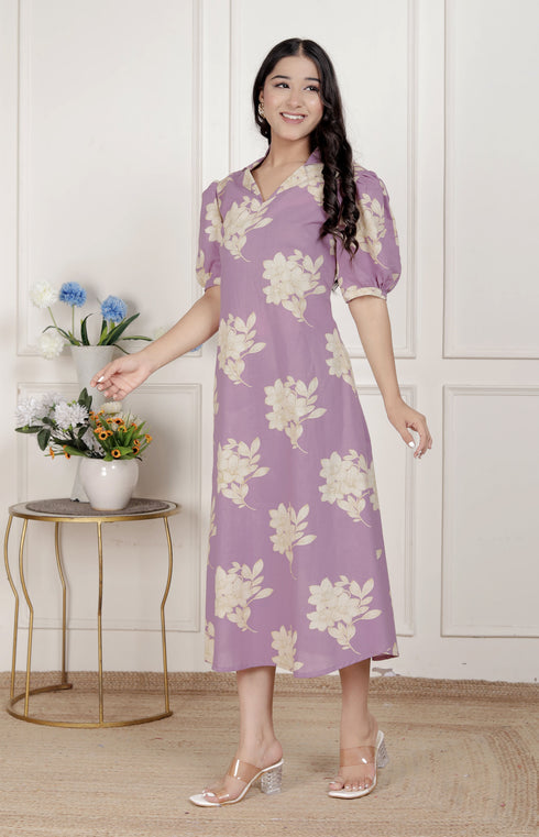 Miravan Womens Lavender Floral printed A Line Maxi Dress