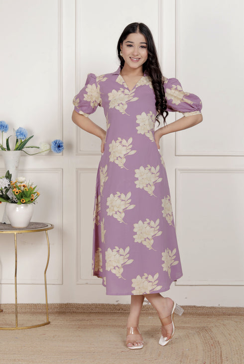 Miravan Womens Lavender Floral printed A Line Maxi Dress