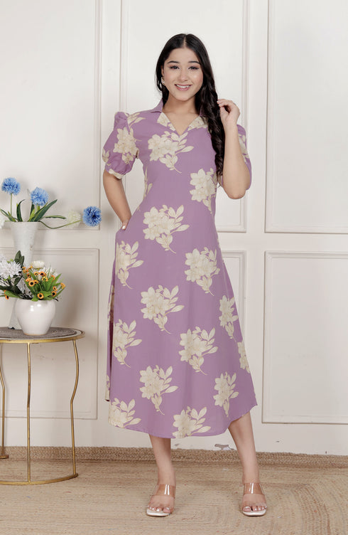 Miravan Womens Lavender Floral printed A Line Maxi Dress