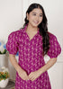Miravan Womens Magenta Floral Printed Cotton Dress with one side Pocket