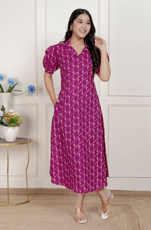 Miravan Womens Magenta Floral Printed Cotton Dress with one side Pocket