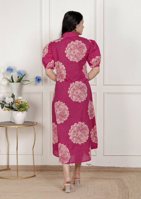 Miravan Womens Pink Printed Collar Neck Short Puff Sleeves Cotton A Line Maxi Dress