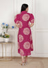 Miravan Womens Pink Printed Collar Neck Short Puff Sleeves Cotton A Line Maxi Dress
