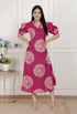 Miravan Womens Pink Printed Collar Neck Short Puff Sleeves Cotton A Line Maxi Dress