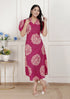 Miravan Womens Pink Printed Collar Neck Short Puff Sleeves Cotton A Line Maxi Dress