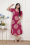 Miravan Womens Pink Printed Collar Neck Short Puff Sleeves Cotton A Line Maxi Dress