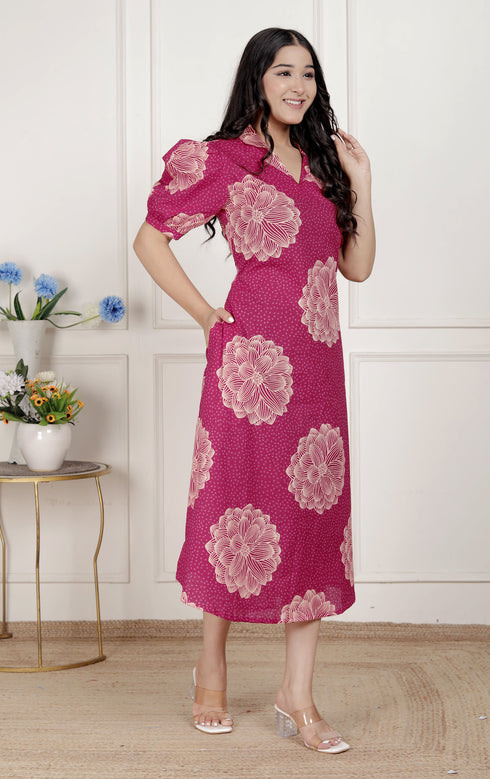 Miravan Womens Pink Printed Collar Neck Short Puff Sleeves Cotton A Line Maxi Dress