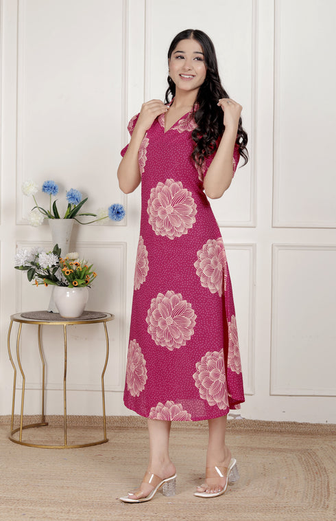 Miravan Womens Pink Printed Collar Neck Short Puff Sleeves Cotton A Line Maxi Dress