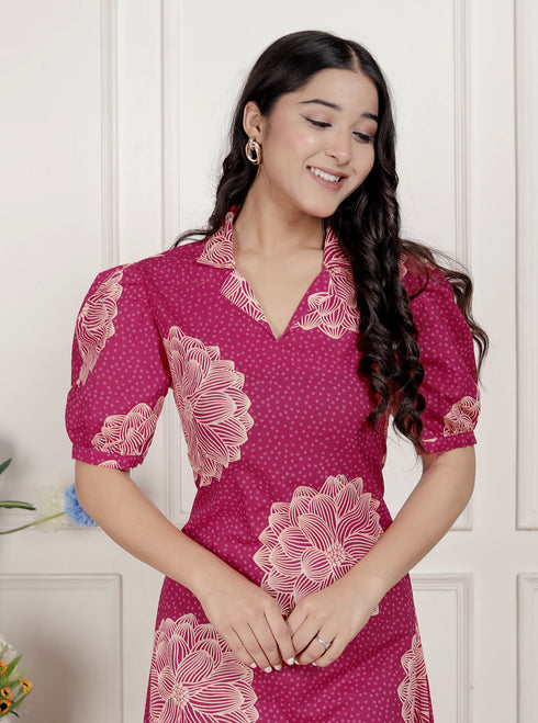 Miravan Womens Pink Printed Collar Neck Short Puff Sleeves Cotton A Line Maxi Dress