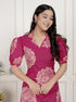 Miravan Womens Pink Printed Collar Neck Short Puff Sleeves Cotton A Line Maxi Dress
