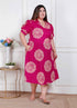 Miravan Plus Size Womens Pink Printed Collar Neck Short Puff Sleeves Cotton A Line Maxi Dress