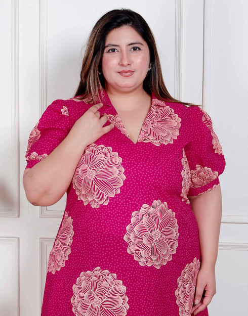 Miravan Plus Size Womens Pink Printed Collar Neck Short Puff Sleeves Cotton A Line Maxi Dress