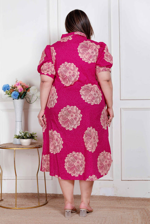 Miravan Plus Size Womens Pink Printed Collar Neck Short Puff Sleeves Cotton A Line Maxi Dress