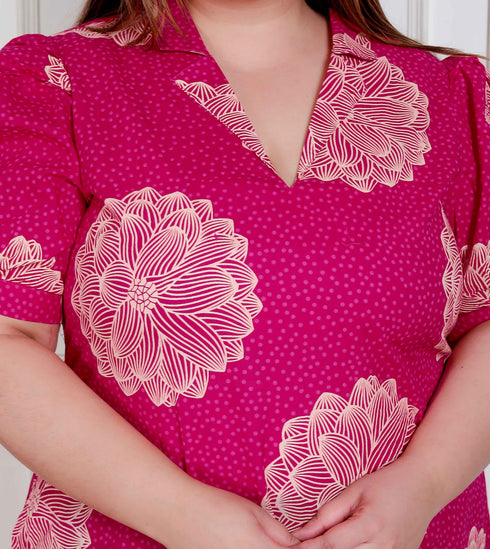 Miravan Plus Size Womens Pink Printed Collar Neck Short Puff Sleeves Cotton A Line Maxi Dress