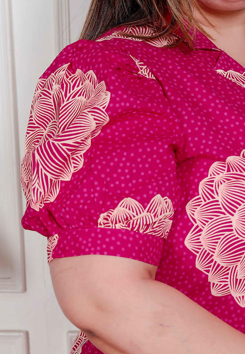 Miravan Plus Size Womens Pink Printed Collar Neck Short Puff Sleeves Cotton A Line Maxi Dress