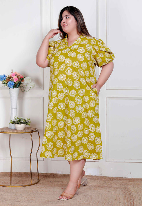 Miravan Plus Size Womens Yellow Printed Puff Sleeve Floral Maxi Party Dress