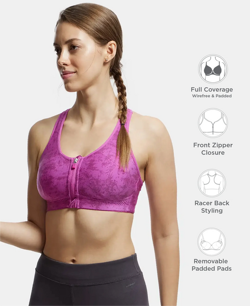 Jockey Wirefree Padded Microfiber Stretch Full Coverage Racerback Sports Bra with Front Zipper Styling - Lavender Scent Assorted Prints
