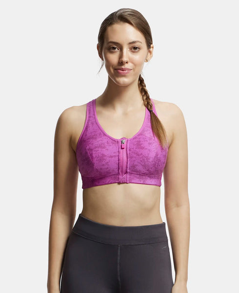 Jockey Wirefree Padded Microfiber Stretch Full Coverage Racerback Sports Bra with Front Zipper Styling - Lavender Scent Assorted Prints