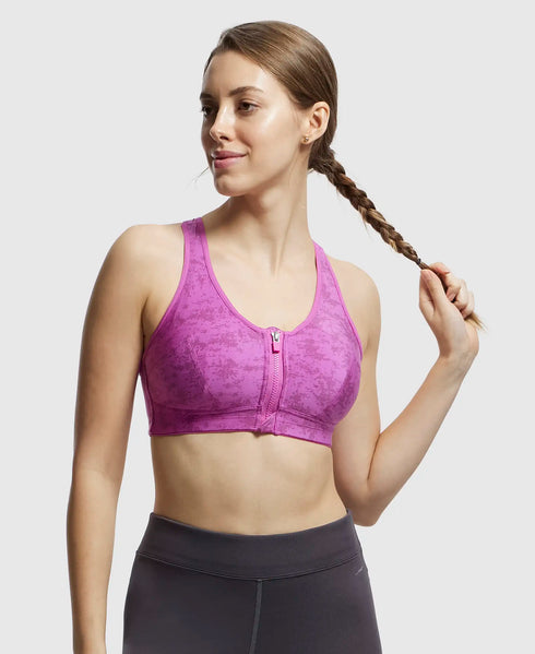 Jockey Wirefree Padded Microfiber Stretch Full Coverage Racerback Sports Bra with Front Zipper Styling - Lavender Scent Assorted Prints