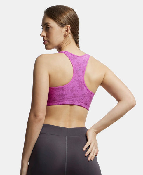 Jockey Wirefree Padded Microfiber Stretch Full Coverage Racerback Sports Bra with Front Zipper Styling - Lavender Scent Assorted Prints