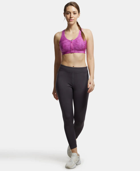 Jockey Wirefree Padded Microfiber Stretch Full Coverage Racerback Sports Bra with Front Zipper Styling - Lavender Scent Assorted Prints