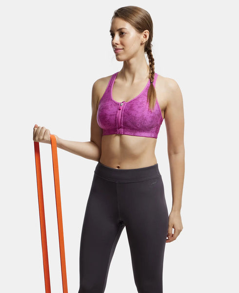 Jockey Wirefree Padded Microfiber Stretch Full Coverage Racerback Sports Bra with Front Zipper Styling - Lavender Scent Assorted Prints