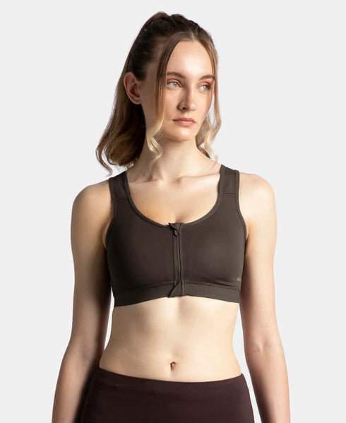 Jockey Wirefree Padded Microfiber Stretch Full Coverage Active Bra with Front Zipper Styling - Coffee