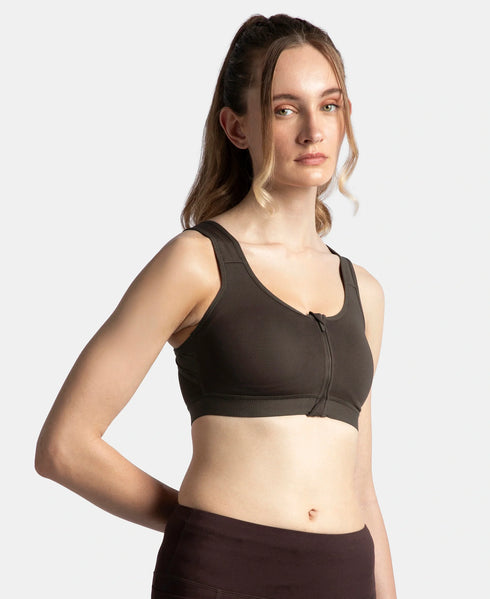 Jockey Wirefree Padded Microfiber Stretch Full Coverage Active Bra with Front Zipper Styling - Coffee