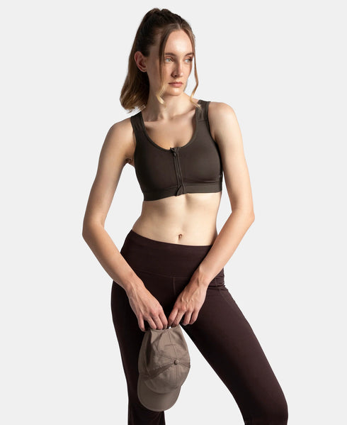 Jockey Wirefree Padded Microfiber Stretch Full Coverage Active Bra with Front Zipper Styling - Coffee