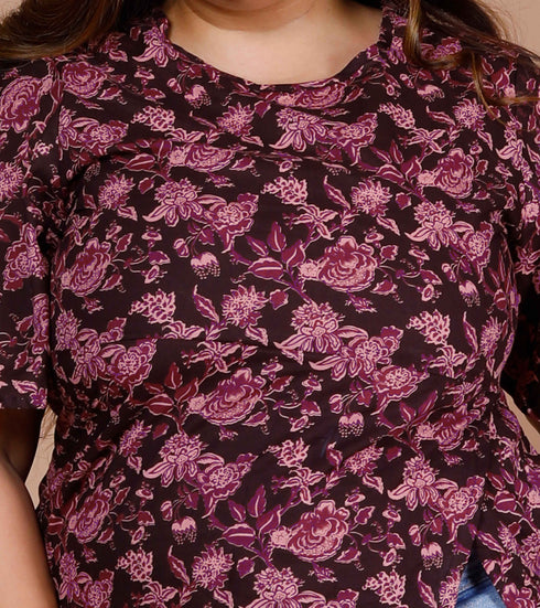 Miravan Womens Maroon Plus Size Cotton Floral Printed Top