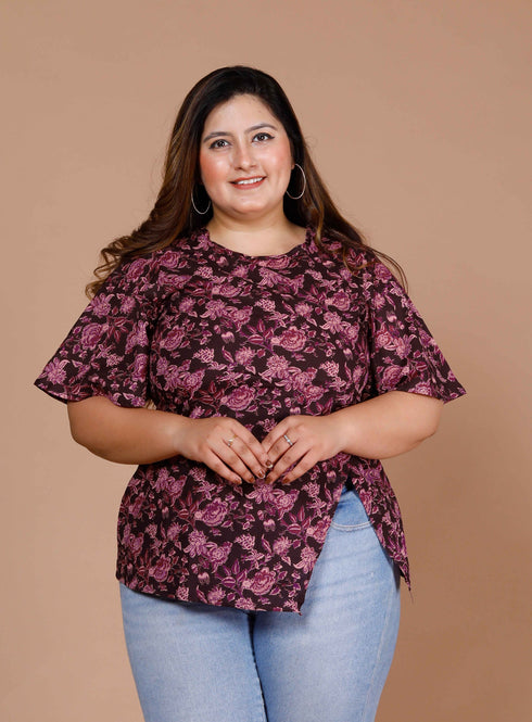 Miravan Womens Maroon Plus Size Cotton Floral Printed Top