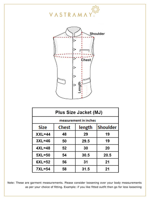 Vastramay Men's Plus Size Cream and Gold Jacquard Nehru Jacket