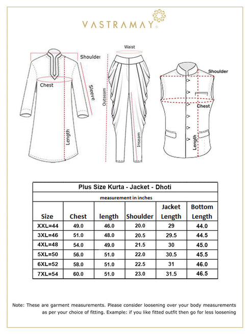 Vastramay Men's Plus Size Orange Cotton Blend Jacket With White Kurta And Dhoti Set