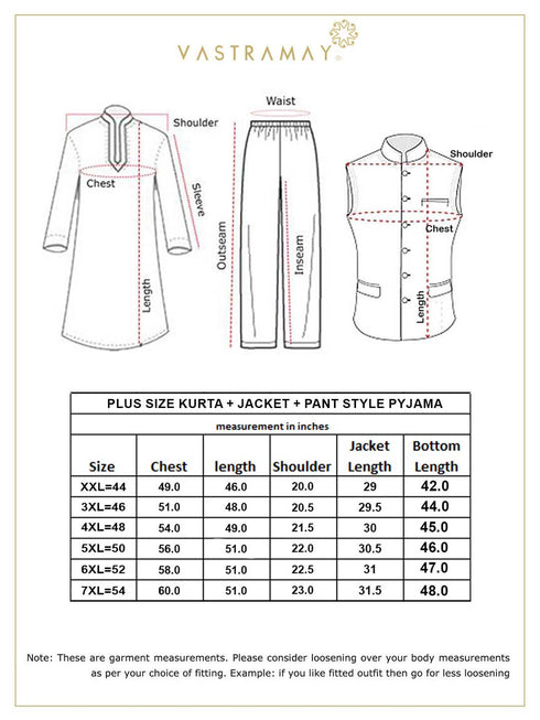 Vastramay Men's Plus Size Black Ethnic Jacket With Cream Silk Blend Kurta and Pant Style Pyjama Set