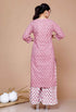 Miravan WomenS Pink Cotton Festive Kurta With Flared Palazzo and Dupatta Set