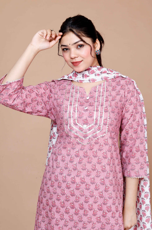 Miravan WomenS Pink Cotton Festive Kurta With Flared Palazzo and Dupatta Set