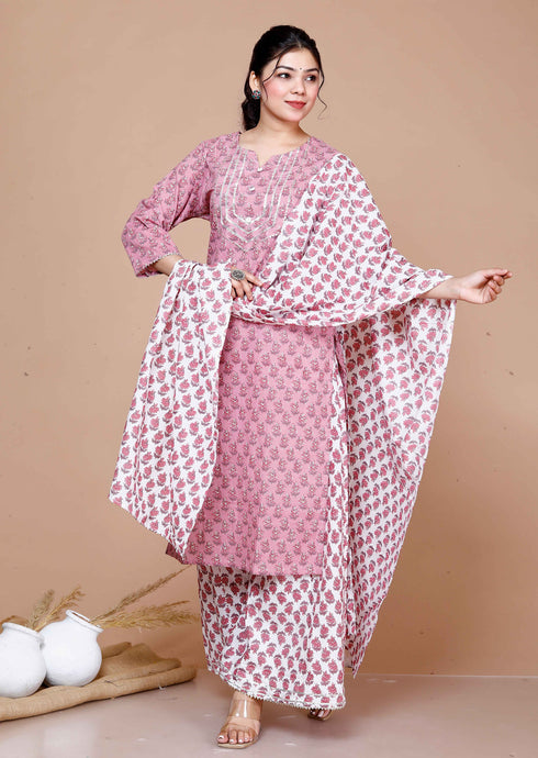 Miravan WomenS Pink Cotton Festive Kurta With Flared Palazzo and Dupatta Set