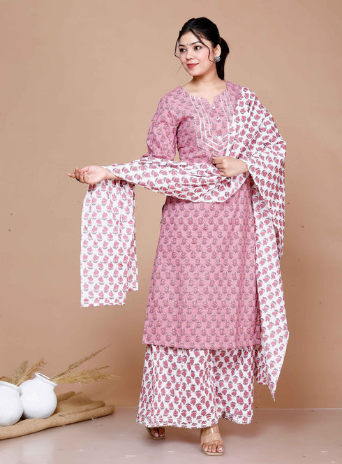 Miravan WomenS Pink Cotton Festive Kurta With Flared Palazzo and Dupatta Set
