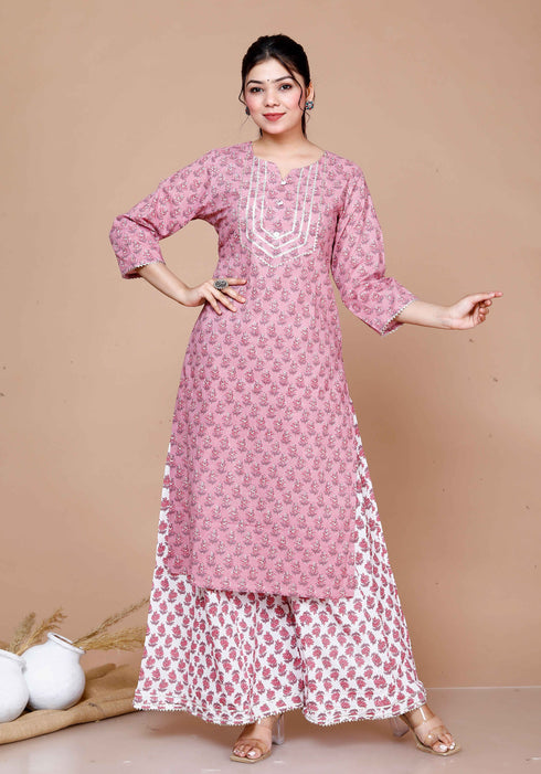 Miravan WomenS Pink Cotton Floral Print Straight Kurta And Palazzo Set